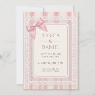 Pastel Pink Stripe White Eyelet Lace Bow Border Invitation