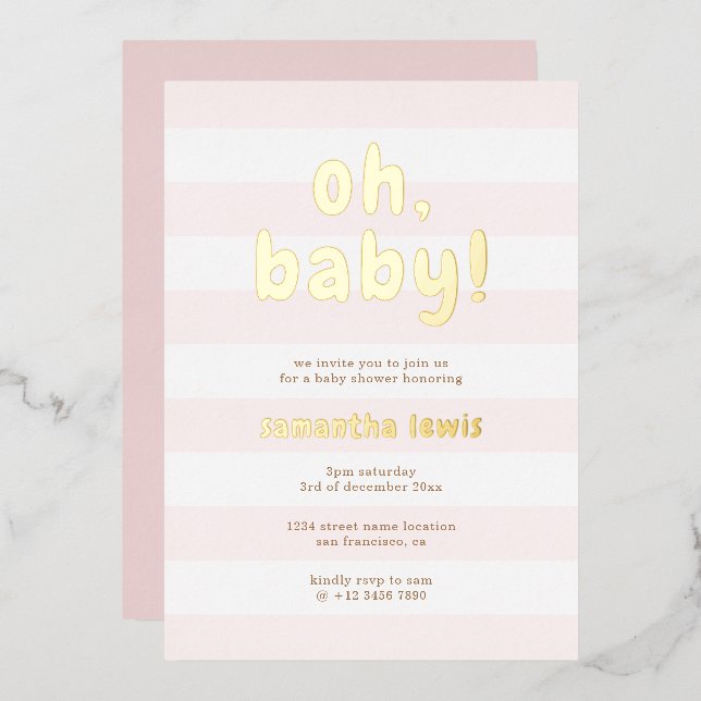 Pastel Pink Stripes Oh Baby Girl Shower Gold (Front/Back)