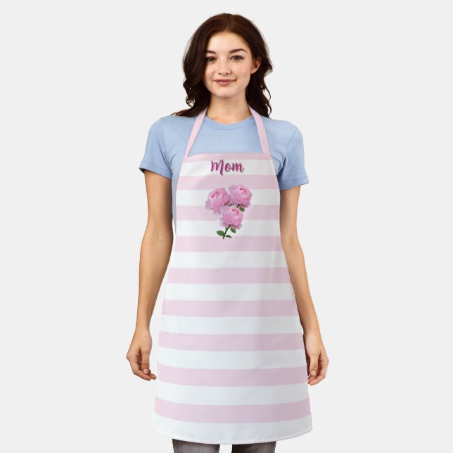  Pastel Pink Stripes with Pink Roses  "Mom"  Apron (Worn)