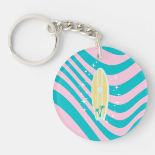 Pastel Pink Surfboard, Beach Art, Tropical Vibes Keychain