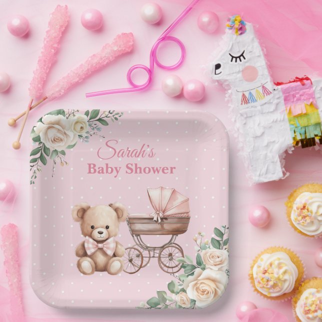 Pastel Pink Teddy Bear Baby Shower Paper Plate (Party)