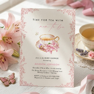 Pastel Pink Time for tea Mom-to-be baby shower Invitation