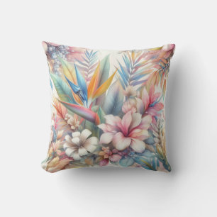 Pastel Pink Tropical Flowers Hawaiian Floral Throw Pillow