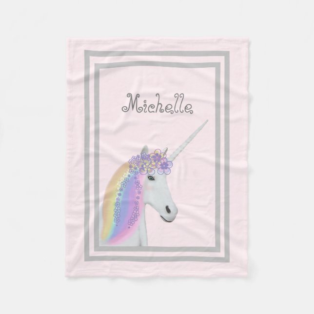 Pastel Pink Unicorn Floral Personalized Blanket (Front)