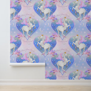 Pastel Pink Unicorn Princess Heart Nursery Wallpaper