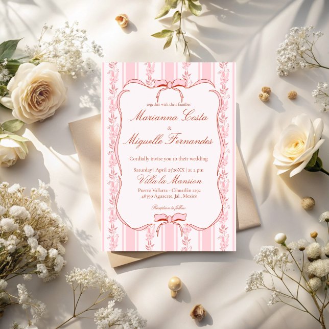 Pastel pink vintage floral stripes wedding invitation (Pastel pink vintage retro floral stripes wedding invitation cards with qr RSVP template digital)