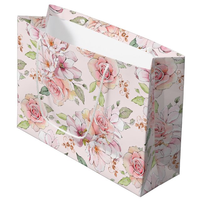 Pastel pink vintage roses pattern large gift bag (Front Angled)