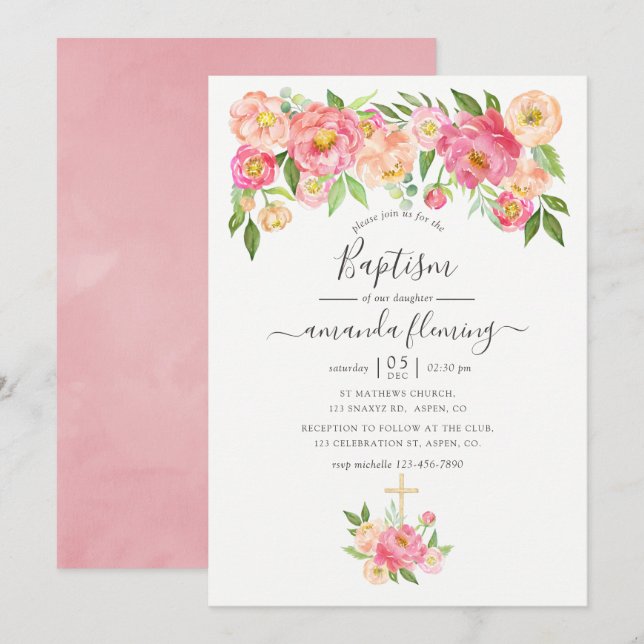 Pastel Pink Watercolor Peonies Baptism Invitation (Front/Back)