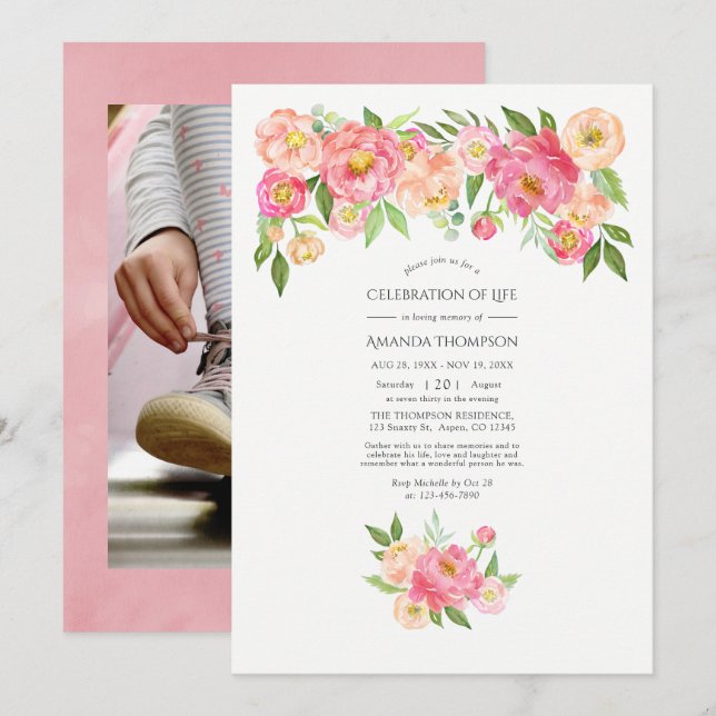 Pastel Pink Watercolor Peonies Celebration of Life Invitation (Front/Back)