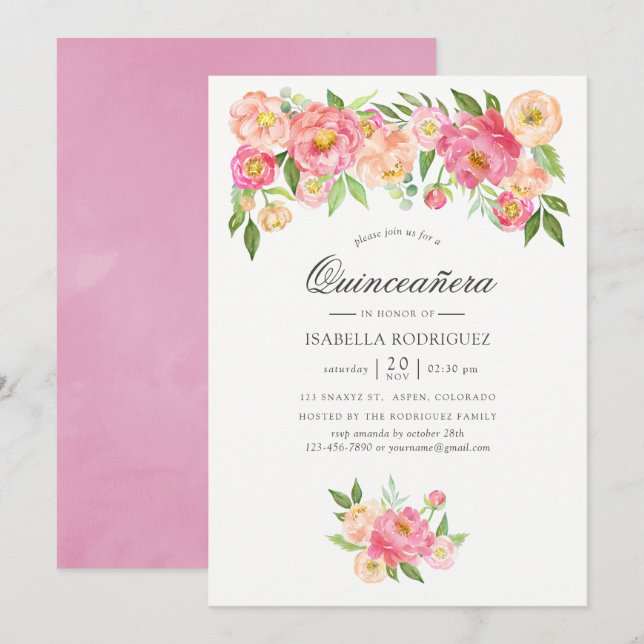 Pastel Pink Watercolor Peonies Quinceañera Invitation (Front/Back)
