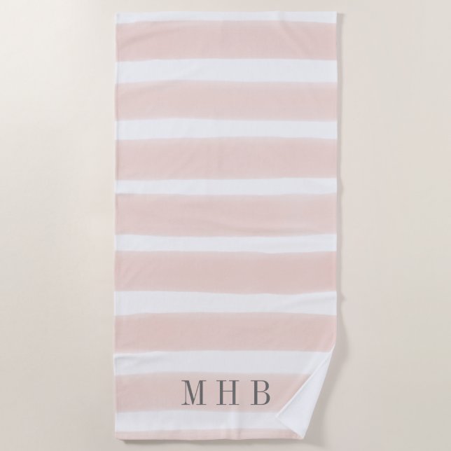 Pastel Pink Watercolor Stripe Monogram Beach Towel (Front)