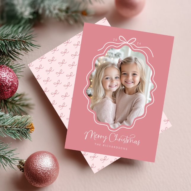 Pastel Pink Wavy Retro Photo Christmas Holiday Card (Creator Uploaded)