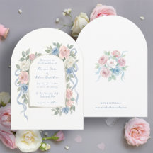 Pastel Pink, White and Blue Roses & Ribbon Arch