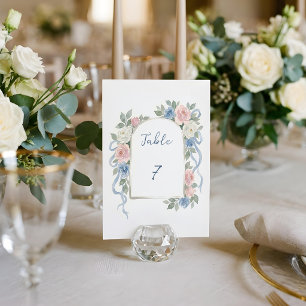 Pastel Pink, White and Blue Roses & Ribbon Arch Table Number