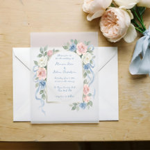 Pastel Pink, White and Blue Roses & Ribbon Arch