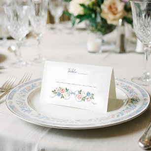 Pastel Pink, White and Blue Roses & Ribbon Place Card