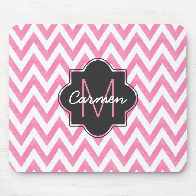 Pastel Pink & White Chevron Monogram Mouse Pad (Front)