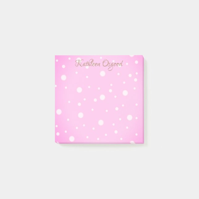 Pastel Pink White Dots Name Gold Text Note (Front)