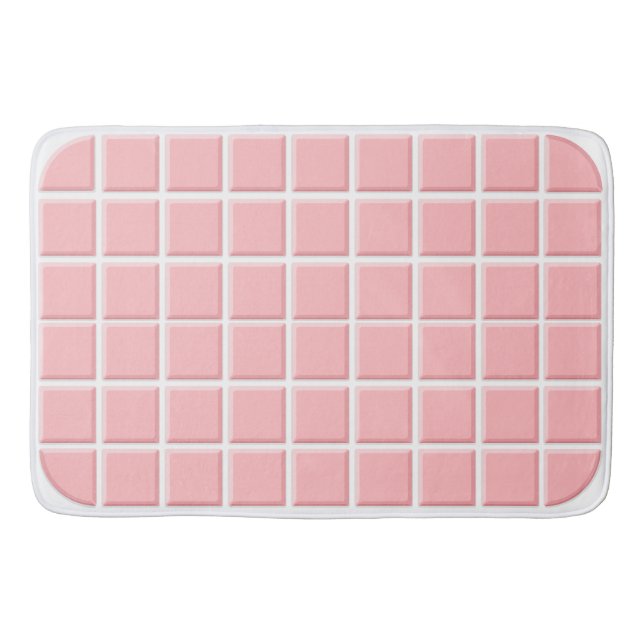 Pastel Pink White Faux Square Tiles Pattern Bath Mat (Front)