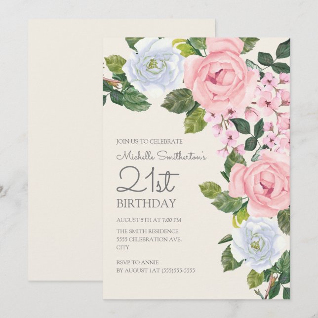 Pastel Pink White Floral Woman's 21st Birthday Invitation (Front/Back)