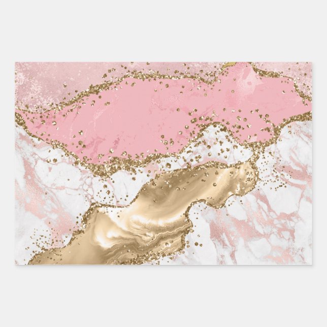 Pastel Pink & White & Gold Glitter Agate Wrapping Paper Sheet (Front)