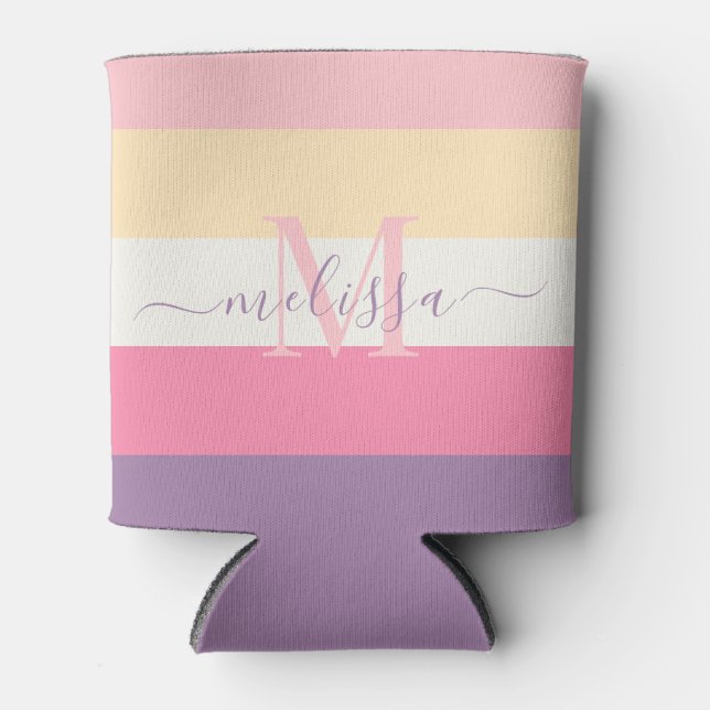 Pastel Pink White Yellow Purple Colour Block  Can Cooler (Front)