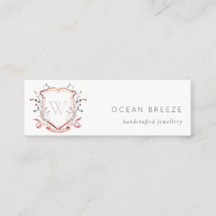 Pastel Pink Wildflower Watercolor Crest Monogram Mini Business Card