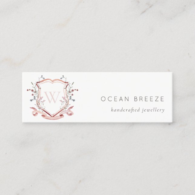 Pastel Pink Wildflower Watercolor Crest Monogram Mini Business Card (Front)