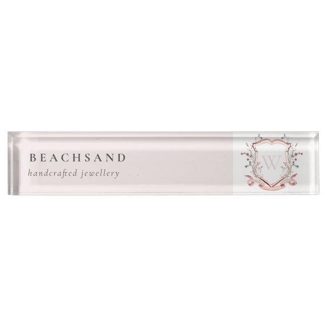 Pastel Pink Wildflower Watercolor Crest Monogram Nameplate (Front)