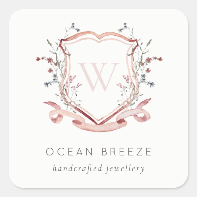 Pastel Pink Wildflower Watercolor Crest Monogram  Square Sticker (Front)