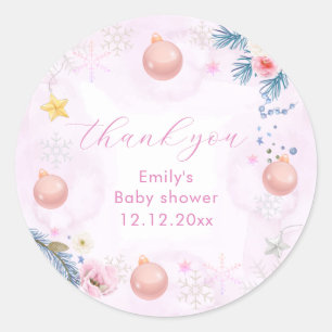 Pastel Pink Winter Snowflake Floral Baby Shower Classic Round Sticker