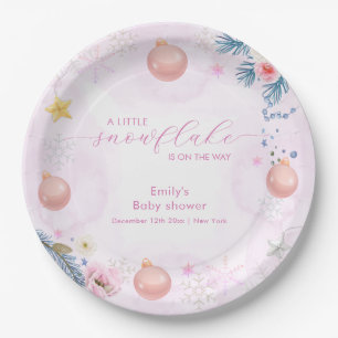 Pastel Pink Winter Snowflake Floral Baby Shower Paper Plate