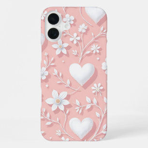 PASTEL PINK WITH WHITE HEARTS AND FLOWERS iPhone 16 PLUS CASE