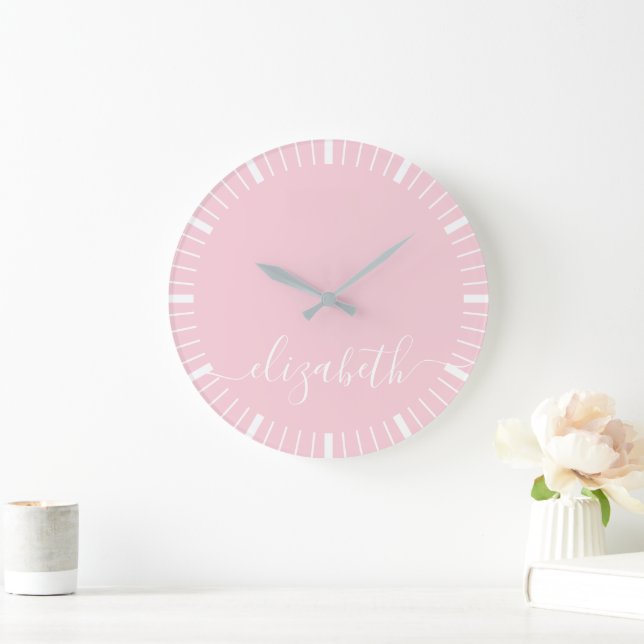 pastel pink with white script signature - minimal large clock (Home)