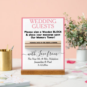 Pastel Pink Wooden Guest Book Block Names White Acrylic Sign