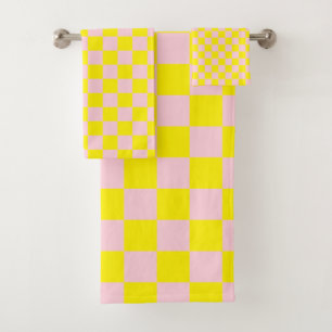 Pastel Pink Yellow Chequered Chequerboard Vintage Bath Towel Set