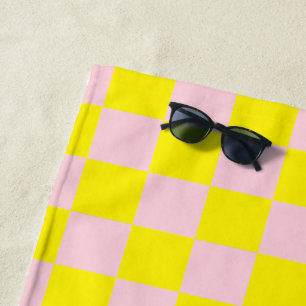 Pastel Pink Yellow Chequered Chequerboard Vintage Beach Towel