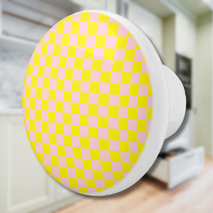 Pastel Pink Yellow Chequered Chequerboard Vintage Ceramic Knob