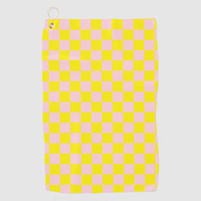 Pastel Pink Yellow Chequered Chequerboard Vintage Golf Towel (Front)