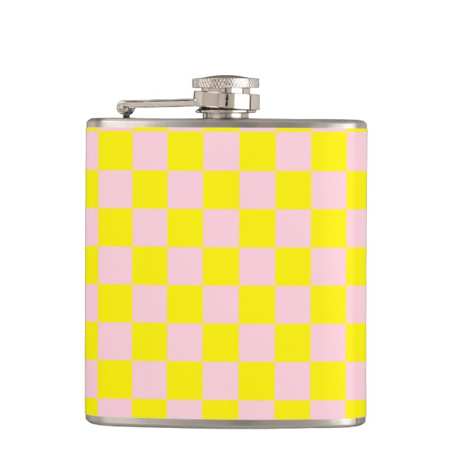 Pastel Pink Yellow Chequered Chequerboard Vintage Hip Flask (Front)