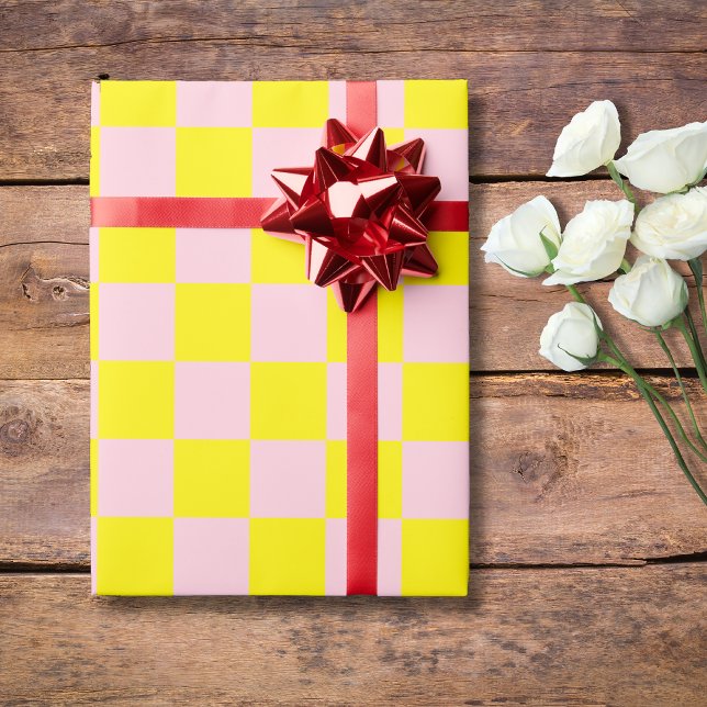 Pastel Pink Yellow Chequered Chequerboard Vintage Wrapping Paper (Creator Uploaded)