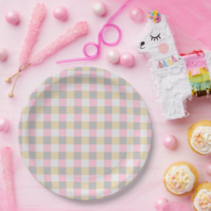 Pastel Pink Yellow Gray Plaid Paper Plate