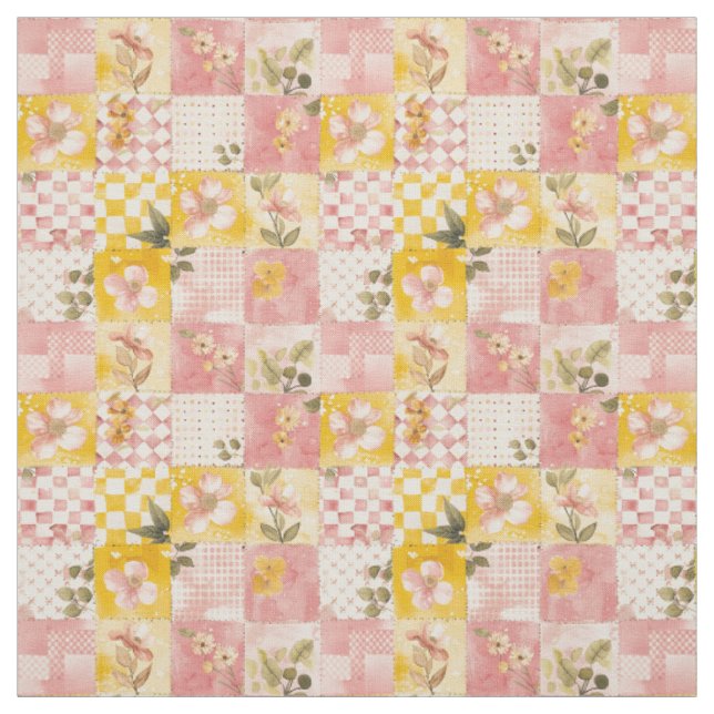 Pastel Pink Yellow Patchwork Vintage Quilt Fabric (Swatch)