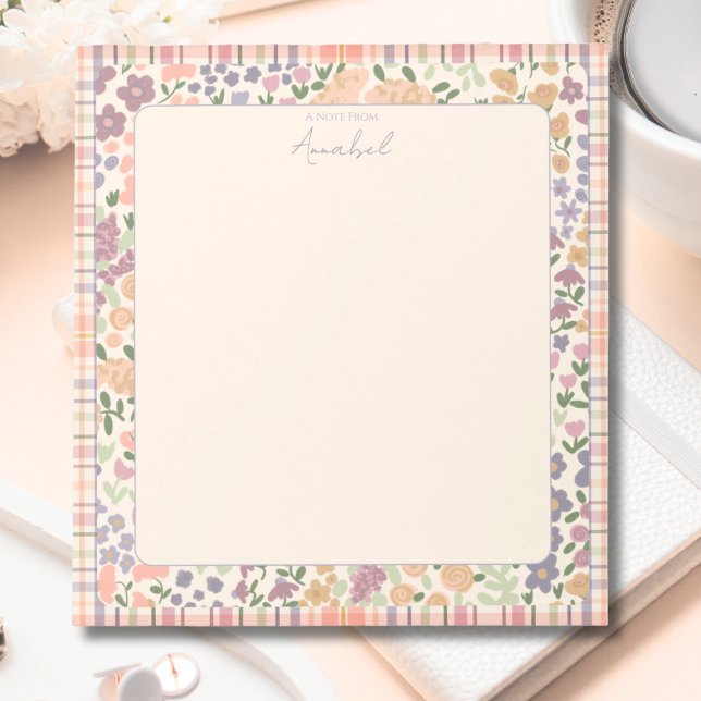 Pastel Plaid Floral Notepad with Personalization (Plaid Floral Personalized Notepad)