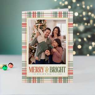 Pastel Plaid Frame Merry and Bright Photo Foil Holiday Card