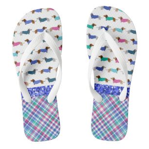 Pastel Plaid Glitter Dachshund Flip Flops