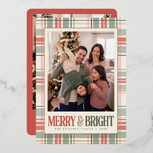 Pastel Plaid Merry and Bright Photo Foil Holiday Card