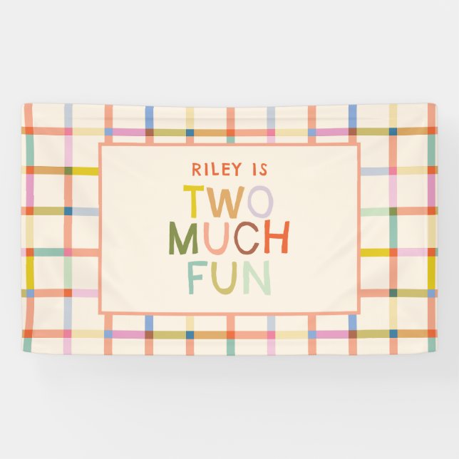 Pastel Plaid "Two Much Fun" 2nd Birthday Banner (Horizontal)
