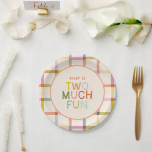 Pastel Plaid "Two Much Fun" 2nd Birthday Custom Paper Plate