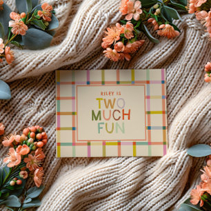 Pastel Plaid "Two Much Fun" 2nd Birthday Invitation Postcard
